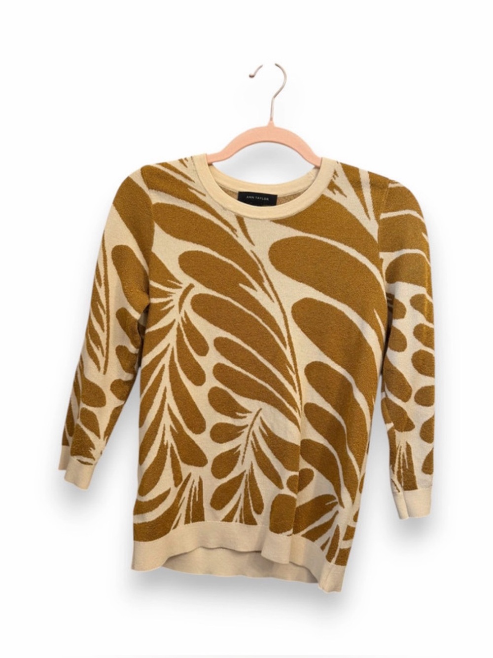 Ann Taylor Size Small Gold Metallic Tropical Leaf Jacquard Crewneck Sweater